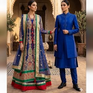 Women's Elegant Navy Gold Red Formal Indian Lengha - Size Small Great Condition